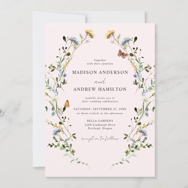 Elegant Wildflower Meadow Blush Pink Wedding Einladung (Vorderseite)