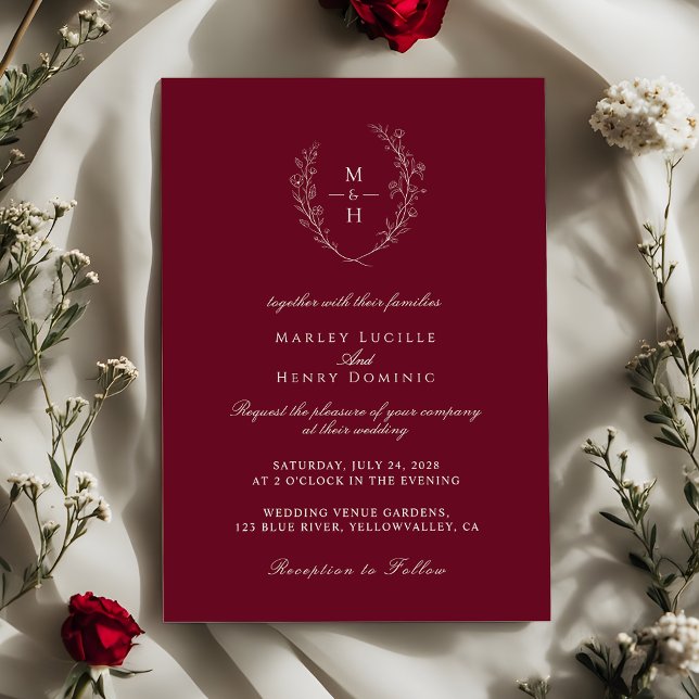 Elegant Wildflower Monogram Burgundy Wedding Einladung (Von Creator hochgeladen)