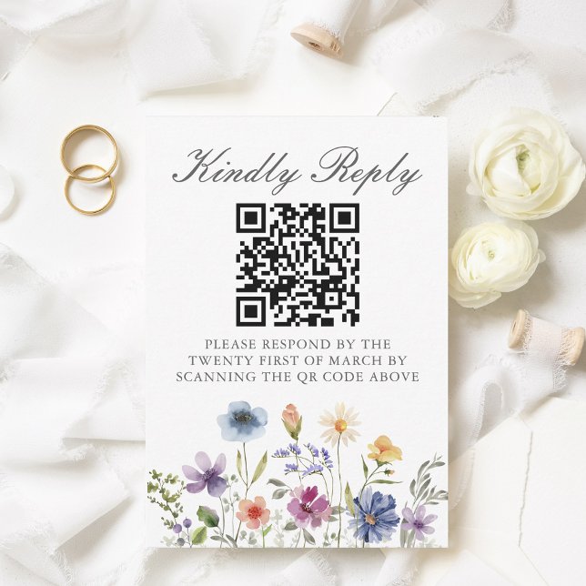 Elegant Wildflower Spring Wedding QR Code Scan RSVP Karte (Von Creator hochgeladen)