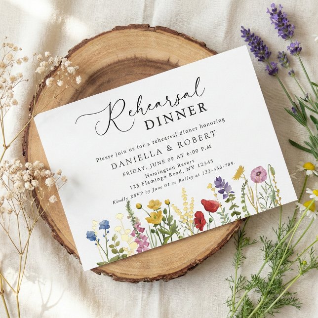 Elegant Wildflower Wedding Rehearsal Dinner Folieneinladung (modern script calligraphy wildflower rehearsal dinner invitation)