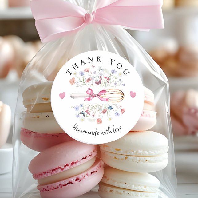 Elegant Wildflower Whisk Bakery Runder Aufkleber (Elegant Wildflower Whish with pink bow Thank you stickers)