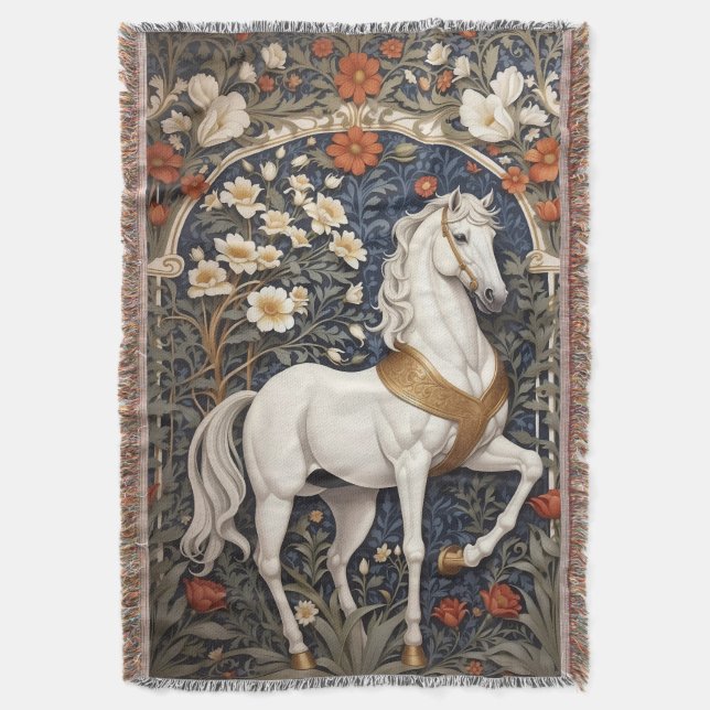 Elegant William Morris Inspiriert Weißes Pferd Decke (Vorderseite Vertikal)