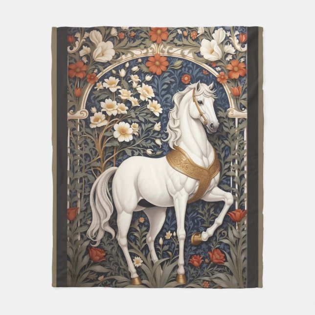 Elegant William Morris Inspiriert Weißes Pferd Fleecedecke (Vorderseite)