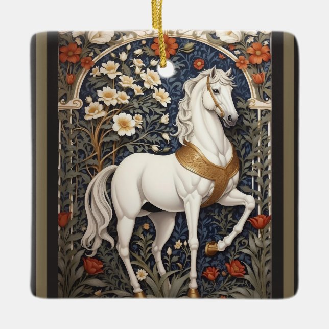 Elegant William Morris Inspiriert Weißes Pferd Keramikornament (Vorderseite)
