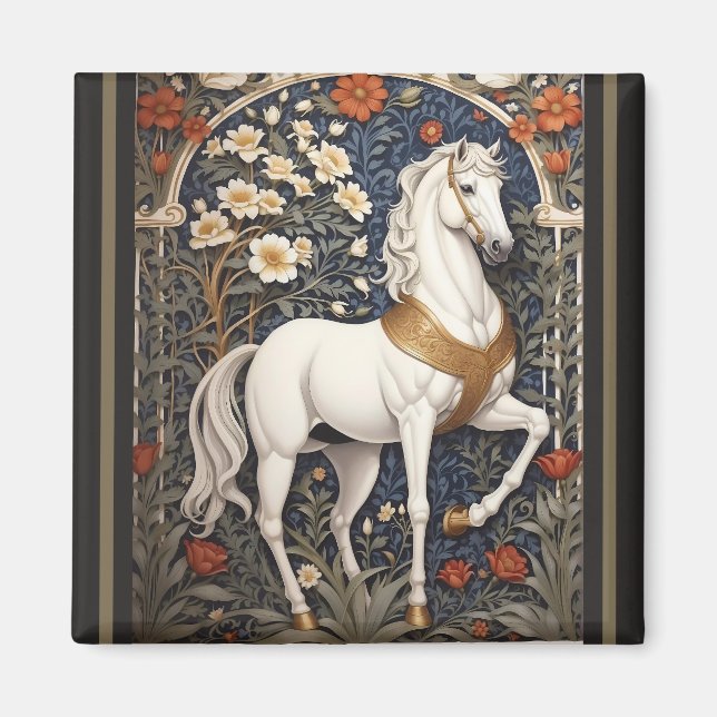 Elegant William Morris Inspiriert Weißes Pferd Magnet (Vorne)