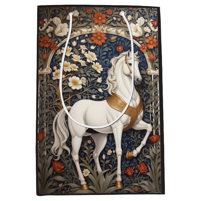 Elegant William Morris Inspiriert Weißes Pferd Mittlere Geschenktüte (Vorderseite)