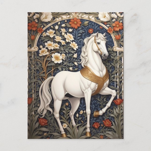 Elegant William Morris Inspiriert Weißes Pferd Postkarte (Vorderseite)