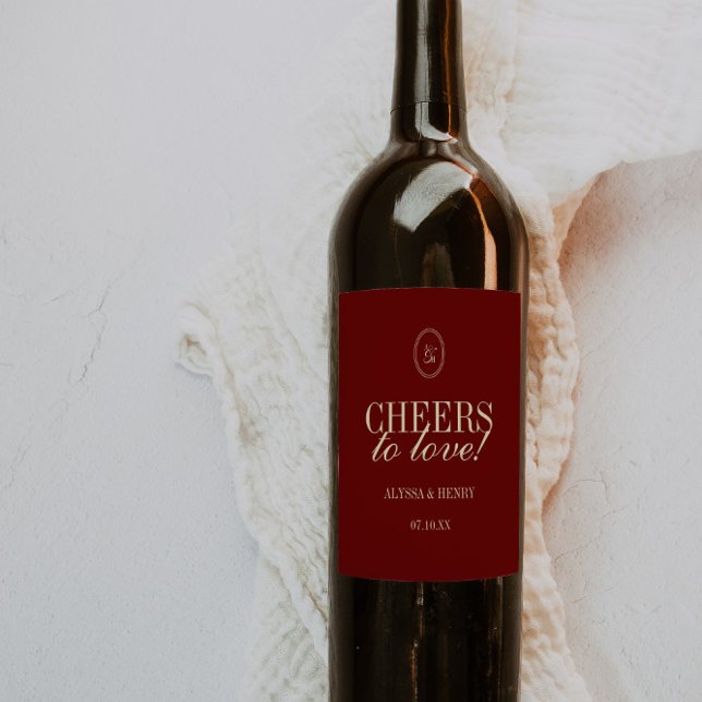 Elegant Wine Red "Cheers to Love" Wedding Weinetikett (Von Creator hochgeladen)