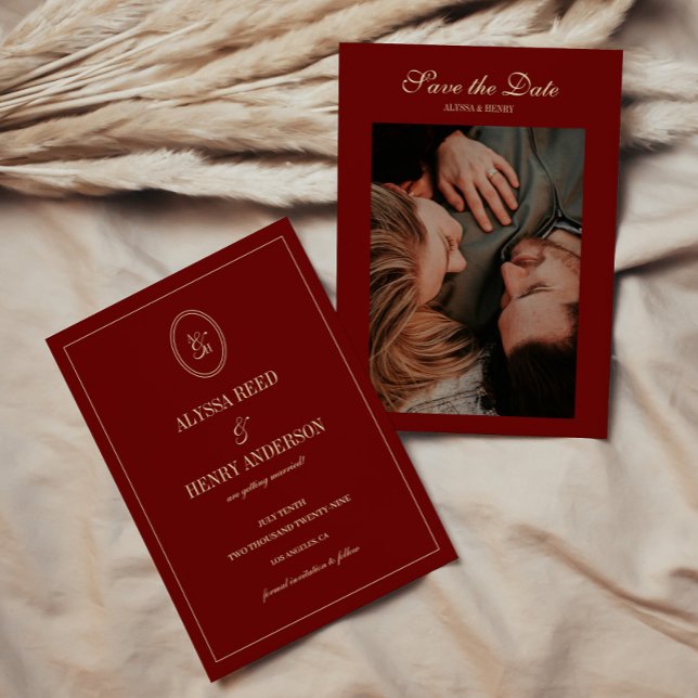 Elegant Wine Red Monogram Script Wedding Photo Save The Date (Von Creator hochgeladen)
