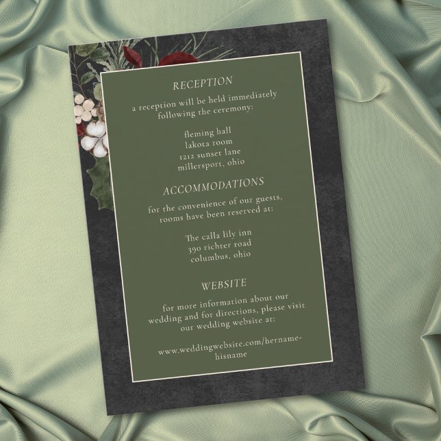 Elegant Winter Berries & Pine Black Wedding Begleitkarte (Elegant Winter Berries & Pine Black Wedding Enclosure Card)