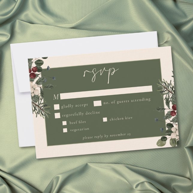 Elegant Winter Berries & Pine Ivory Wedding RSVP Karte (Elegant Winter Berries & Pine Ivory Wedding RSVP Card)