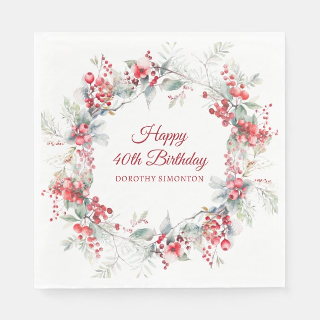 Elegant Winter Berry Botanical 40. Geburtstag Serviette (Vorderseite)