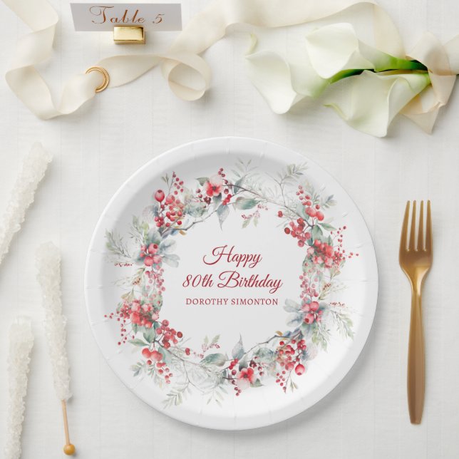 Elegant Winter Berry Botanical 80. Geburtstag Pappteller (Hochzeit)