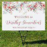 Elegant Winter Berry Botanical 90th Birthday Yard Gartenschild<br><div class="desc">Herzlich willkommen auf Ihrer 90. Geburtstagsfeier mit diesem eleganten, blumengeschmückten Begrüßungsschild. Das Schild wird durch eine hübsche Anordnung von tiefroten Beeren, Blume und sanften Salbei-grünen Blätter geschmückt. Der Name des Geburtstagsfeiers ist in einem großen angesagten Schriftart geschrieben. Der Rest des Textes ist ein klassischer aufrecht stehender Schriftart. Sehr einfach zu...</div>
