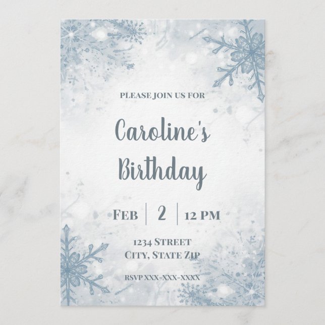 Elegant Winter Birthday Invitation – Snowflakes (Devant)