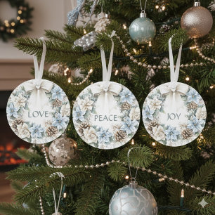 Elegant Winter Blue Floral Wreath Watercolor JOY Ornament