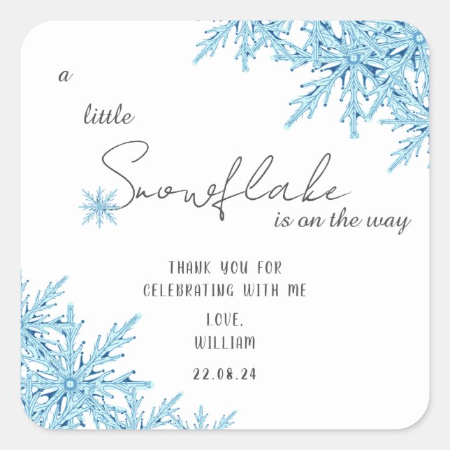 Elegant Winter Blue Little Snowflake Baby Dusche Quadratischer Aufkleber (Vorderseite)