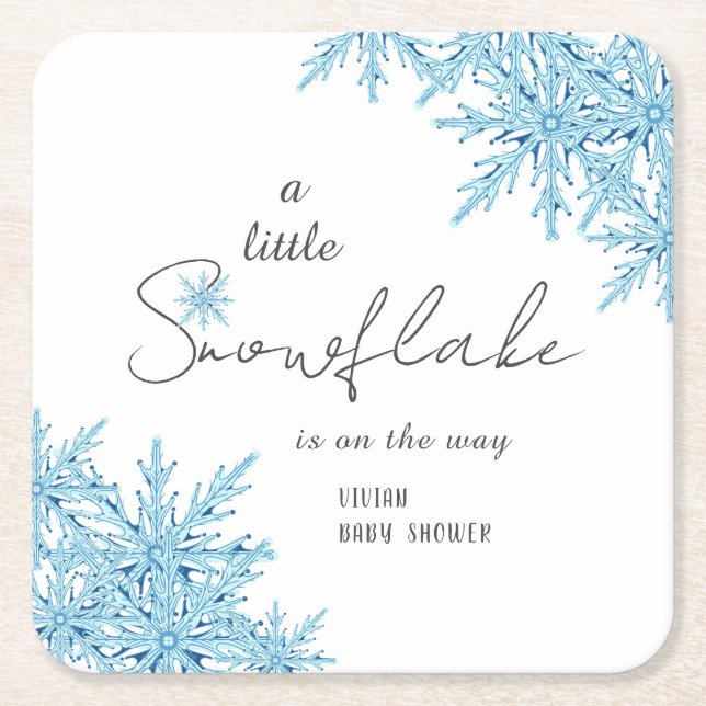 Elegant Winter Blue Little Snowflake Baby Dusche Rechteckiger Pappuntersetzer (Vorderseite)