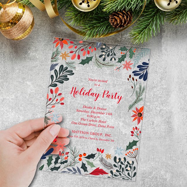 Elegant Winter Botanicals Christmas Holiday Acryleinladungen (Elegant winter botanicals and flowers Christmas holiday party clear acrylic invitations)