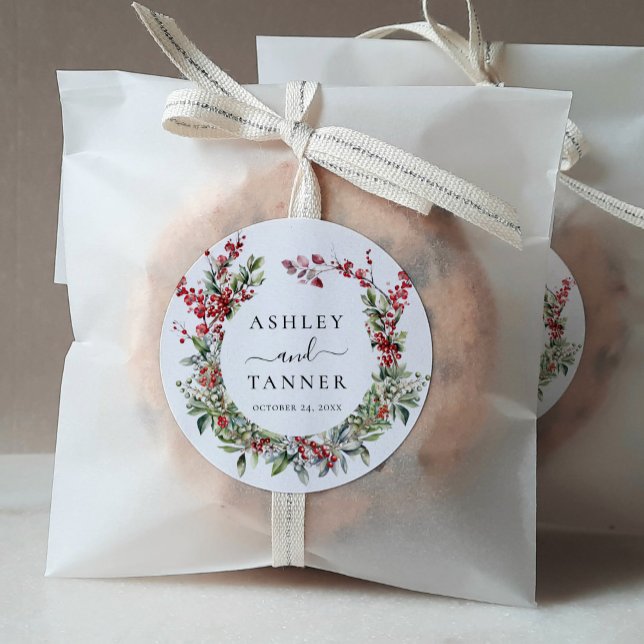 Elegant Winter Christmas Floral Wedding Runder Aufkleber (Von Creator hochgeladen)