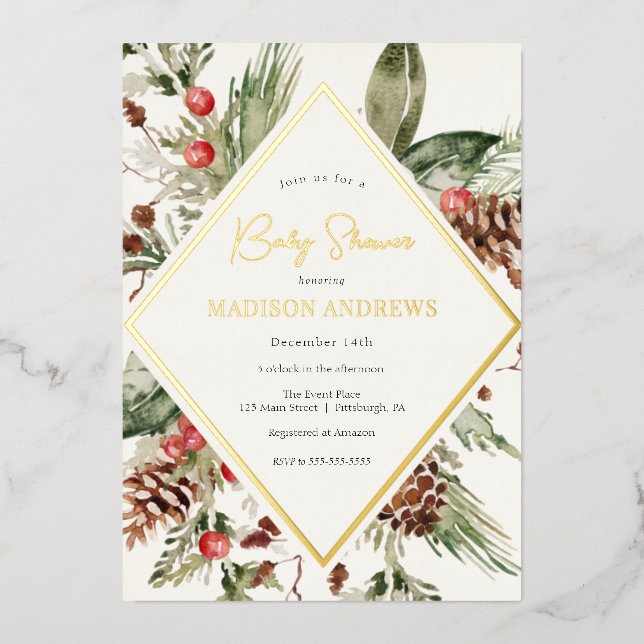 Elegant Winter Evergreen Poinsettia Baby Shower Folieneinladung (Vorderseite)