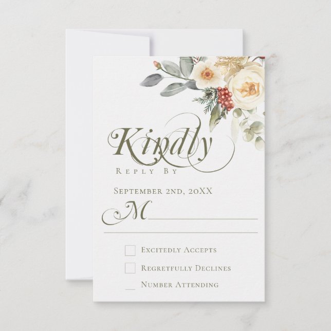 Elegant Winter Floral Calligraphy Script Wedding RSVP Karte (Vorderseite)