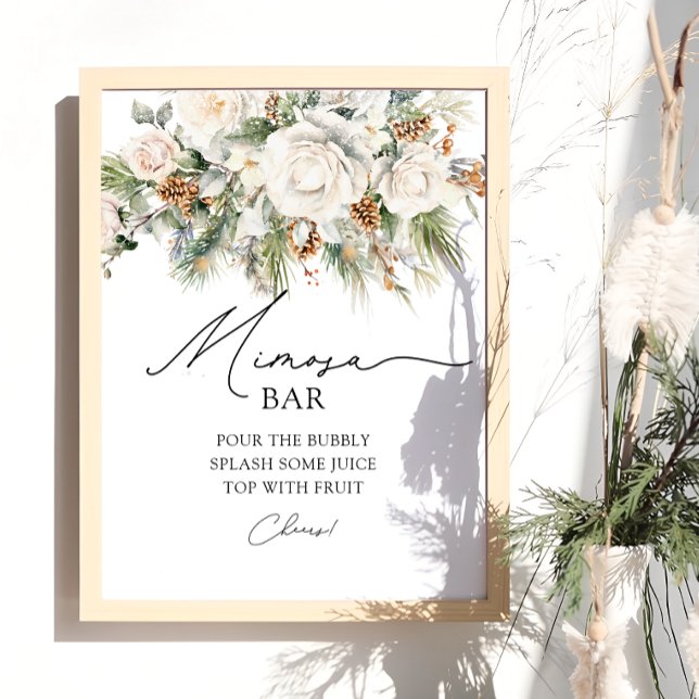 Elegant Winter Floral Greenery Mimosa Bar Poster (Von Creator hochgeladen)