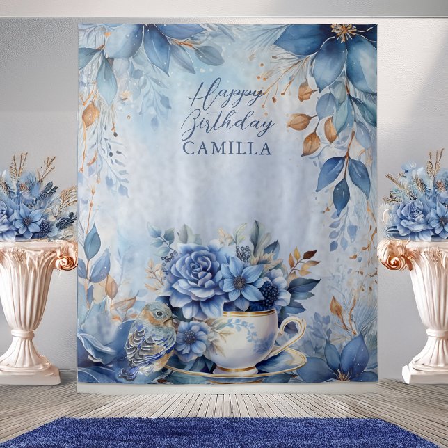 Elegant Winter Floral Teacup Birthday Par-Tea Wandteppich (Elegant Winter Floral Teacup with Feather and Bird Happy Birthday Extra Large Backdrop)