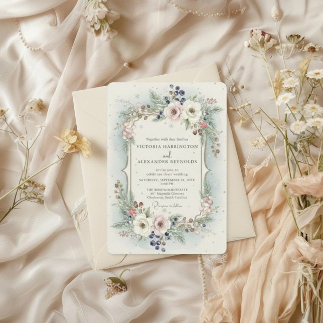 Elegant Winter Floral Wedding Invitation Einladung (winter wedding invitation showcases a soft floral wreath with blush flowers, winter greenery)
