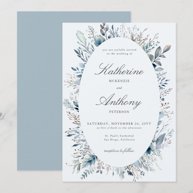 Elegant Winter Foliage Boho Frame Blue Wedding Einladung (Vorne/Hinten)