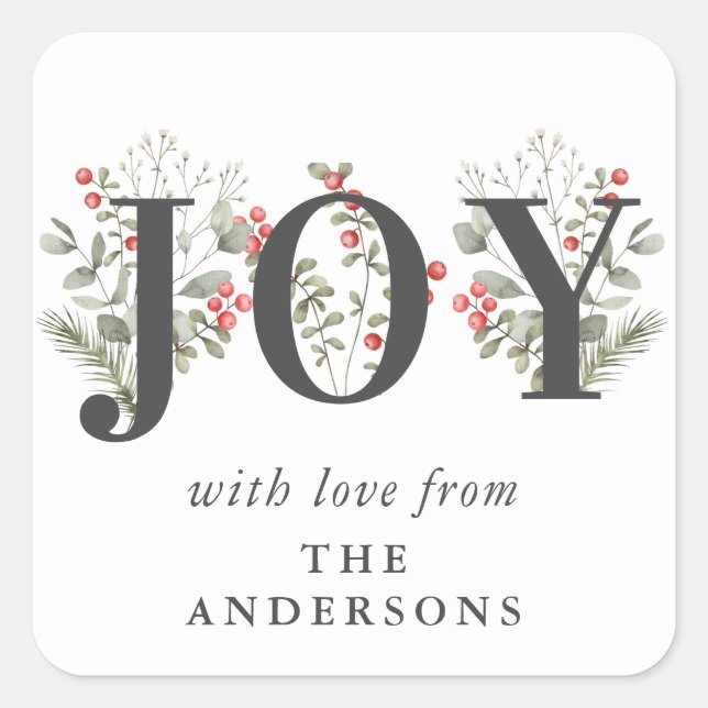 Elegant Winter Greenerity JOY Christmas Holiday Quadratischer Aufkleber (Vorderseite)
