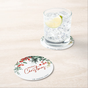 Elegant Winter Greenery Frohe Weihnachten Runder Pappuntersetzer