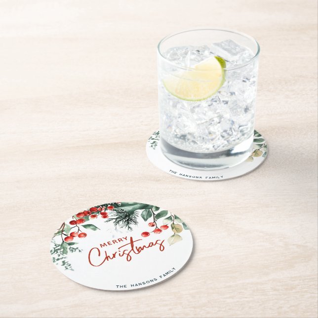 Elegant Winter Greenery Frohe Weihnachten Runder Pappuntersetzer (Vor Ort)