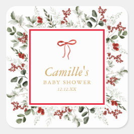 Elegant Winter Greenery & Holly Baby Dusche Quadratischer Aufkleber