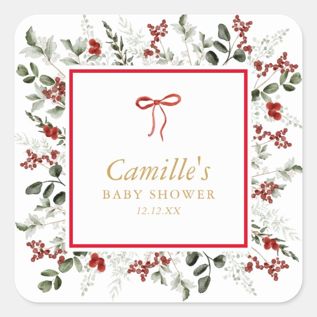 Elegant Winter Greenery & Holly Baby Dusche Quadratischer Aufkleber (Vorderseite)