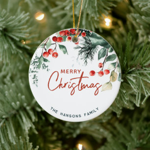 Elegant Winter Greenery Merry Christmas Custom Keramik Ornament