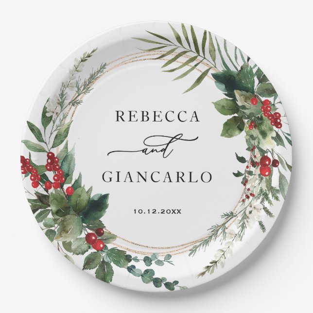 Elegant Winter Greenery Red Berries Holiday Pappteller (Vorderseite)