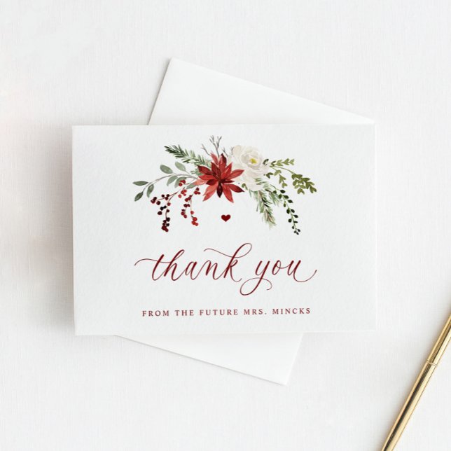Elegant Winter Greenery Wedding Bridal Shower Dankeskarte (Winter bridal shower thank you cards with Christmas greenery and elegant script)