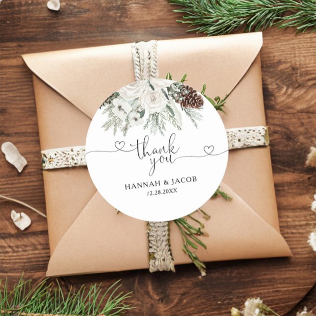 Elegant Winter Pine Wedding Vielen Dank für Ihre U Runder Aufkleber (Von Creator hochgeladen)