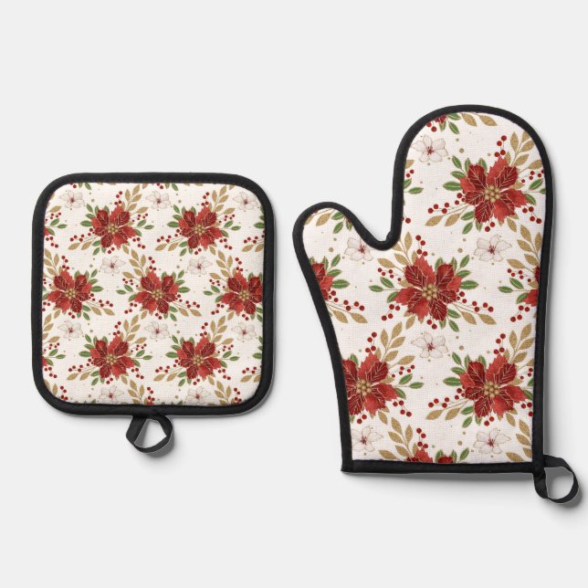 Elegant Winter Poinsettia Floral Pattern Ofenhandschuh & Topflappen-Set (Vorderseite)