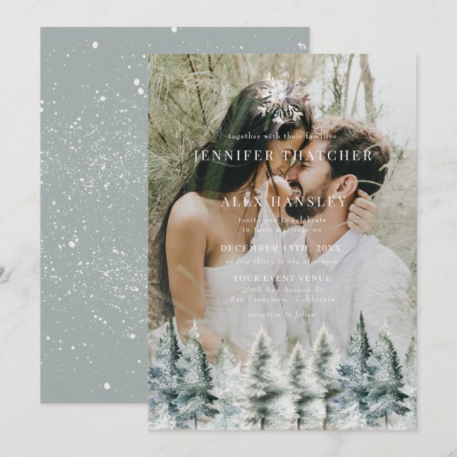 Elegant Winter Snow | Christmas Wedding Invitation Einladung (Vorne/Hinten)