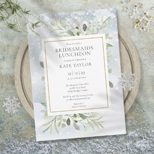 Elegant Winter Snow Greenery Bridesmaids Luncheon Einladung