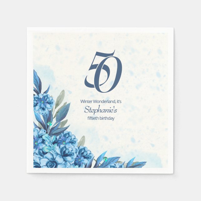 Elegant Winter White Blue Blumen 50. Geburtstag Serviette (Vorderseite)