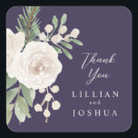 Elegant Winter White Floral Purple Wedding Quadratischer Aufkleber<br><div class="desc">Gorgeous white floral with greenery,  set over a rich purple background,  in a minimalist design...  with your text in modern script and classic font. Simple. Elegant. Perfect for a winter wedding.</div>