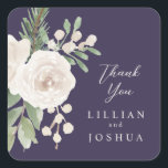Elegant Winter White Floral Purple Wedding Quadratischer Aufkleber<br><div class="desc">Gorgeous white floral with greenery,  set over a rich purple background,  in a minimalist design...  with your text in modern script and classic font. Simple. Elegant. Perfect for a winter wedding.</div>