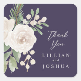Elegant Winter White Floral Purple Wedding Quadratischer Aufkleber
