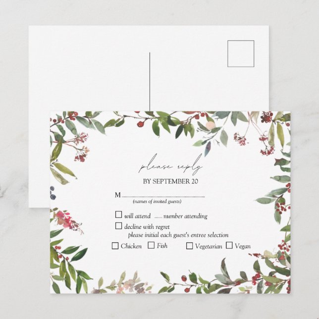 Elegant Winter Wildblume Berry Wedding RSVP Einladungspostkarte (Vorne/Hinten)