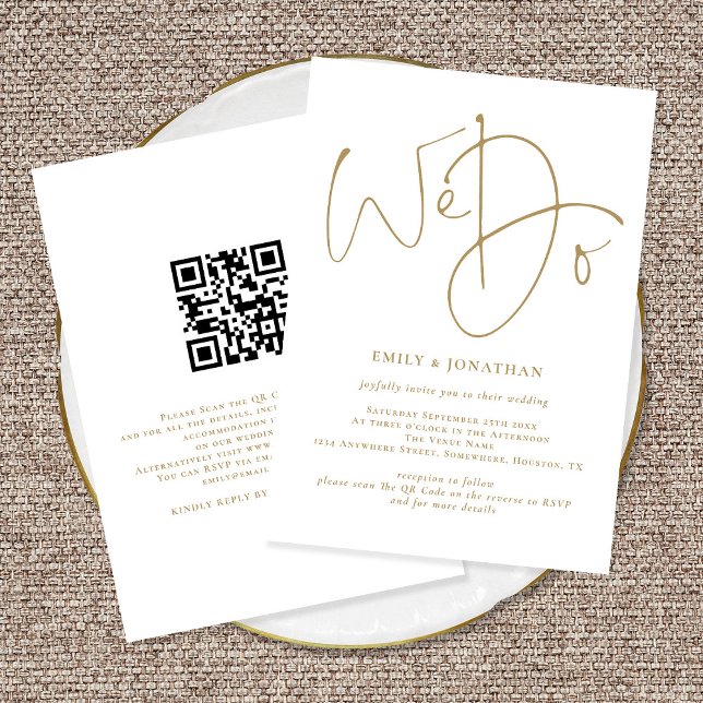 Elegant Wir machen Gold Script QR Code Hochzeit Einladung (Front and Back View. Available printed or digitally.)