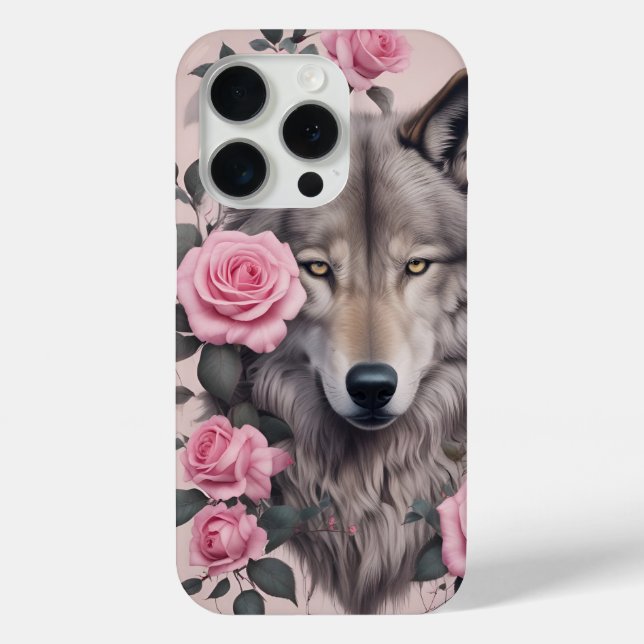 Elegant Wolf und Rose iPhone 15 Pro Fall Case-Mate iPhone Hülle (Rückseite)
