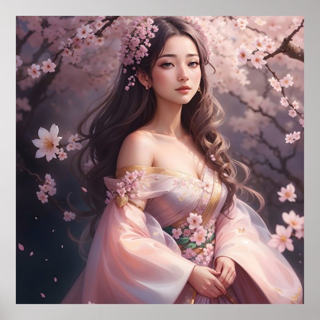 Elegant Woman Amidst Blooming Cherry Blosso Poster (Vorne)